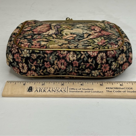 Victorian Tapestry Small Handbag Gold Hardware KISS Lock Closure Chain Strap 6X6 - Picture 6 of 10